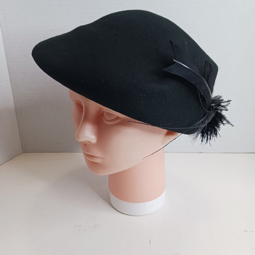 Vintage 1930's Black Gothic Style 100% Wool Cloche Hat with Feathers